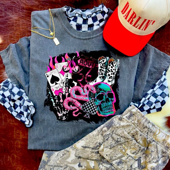 Graphic Western Collage Shirt with Skull and Cards Comfort Colors Small-2X - Picture 1 of 1